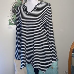 Russell Kemp figure flattering striped ladies long sleeve top black grey lg EUC